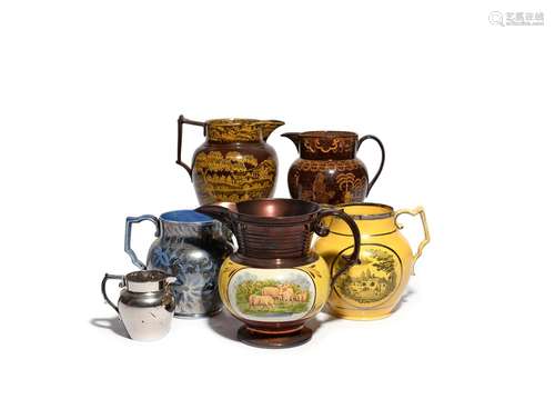 Six pearlware jugs 19th century, two printed in yellow on a brown ground, one with a hunting