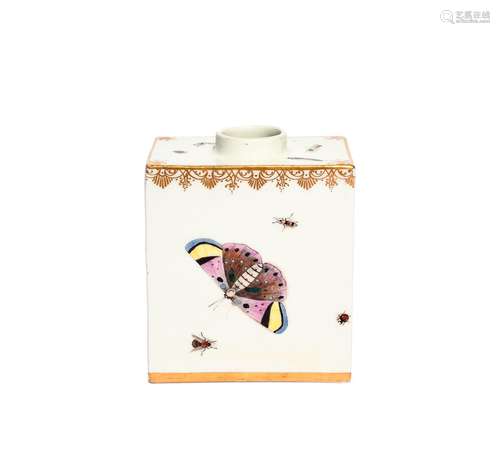 A Meissen tea canister mid 18th century, the rectangular form finely painted with moths and other