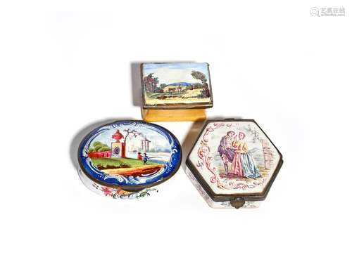 An English enamel snuff box and a patch box c.1780, the snuff box of oval form and painted with