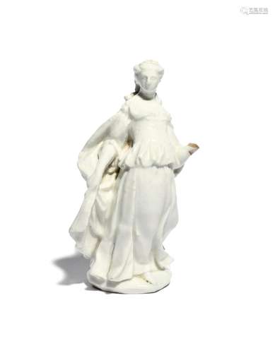 A white-glazed Bow Commedia dell'Arte figure of Isabella c.1752-55, standing in a theatrical pose