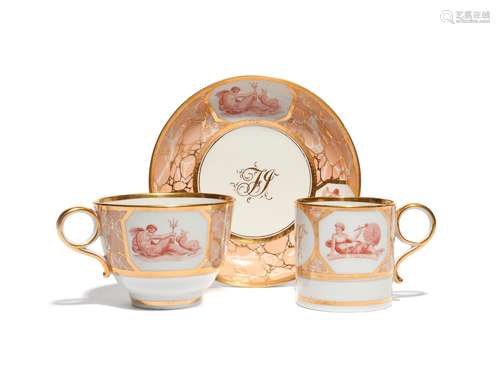 A Barr Worcester trio c.1800, comprising a coffee can, teacup and saucer, printed in red with