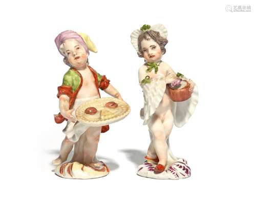 Two Meissen figures of Cupid in Disguise mid 18th century, one as a pastry seller, wearing a white