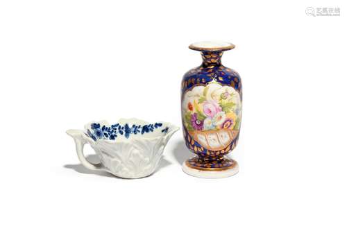 A Worcester blue and white butterboat c.1758, formed of overlapping geranium leaves and painted to