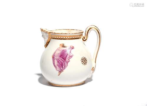 A Naples porcelain cream jug late 18th century, the squat body painted to two sides with a Classical