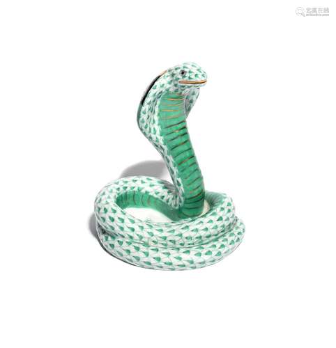 A Herend figure of a cobra modern, the hooded snake coiled on itself with head raised, decorated