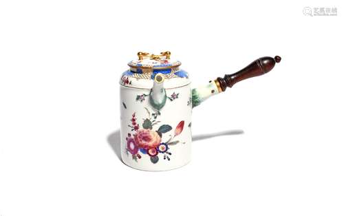 A Meissen chocolate pot and cover 2nd half 18th century, later decorated with sprays of flowers,