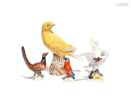 Three miniature Meissen models of birds 20th century, including a pheasant, a parrot and a swan with