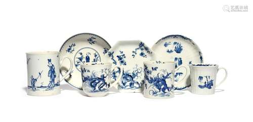 A group of Worcester blue and white teawares c.1755-60, including three saucers painted with the