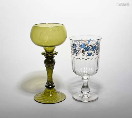 A large green glass ceremonial goblet dated 1882, the shallow rounded bowl engraved with the