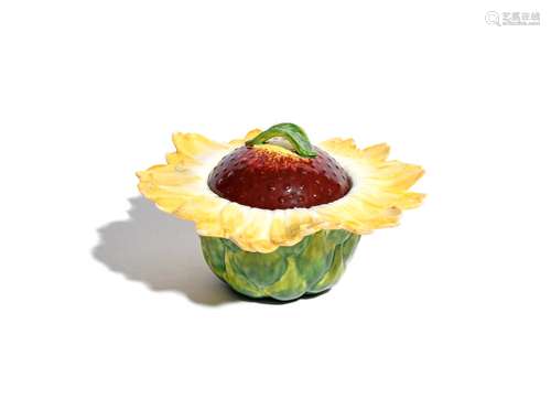 A rare Chelsea sunflower bowl or tureen and cover c.1755, naturalistically modelled, the small pot