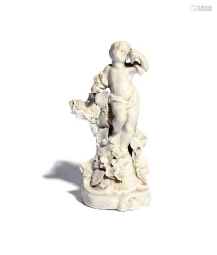 A Plymouth white-glazed figure of a putto c.1770, probably emblematic of Autumn, holding a bunch