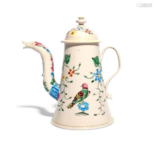 A large salt-glazed stoneware coffee pot and cover c.1750, the tapering conical form brightly