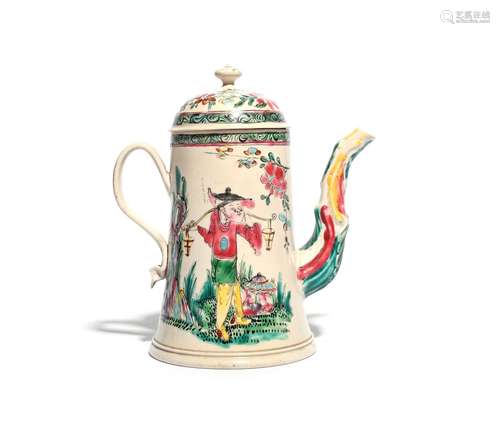 A salt-glazed stoneware coffee pot and cover c.1750, the tapering conical form painted in bright