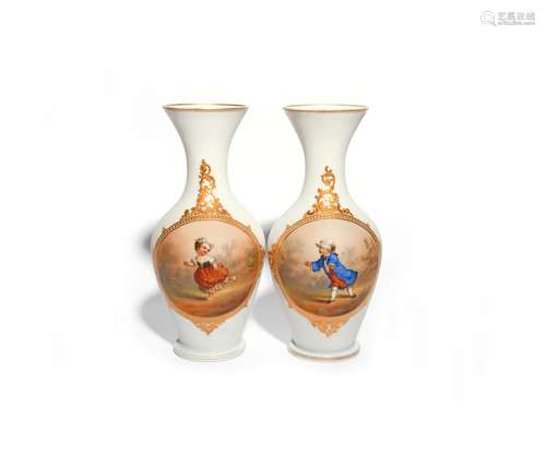 A large pair of Continental opaque glass vases 19th century, of baluster form, each painted with a