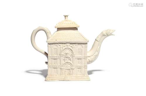 A Staffordshire salt-glazed stoneware 'house' teapot and cover c.1740, the rectangular body