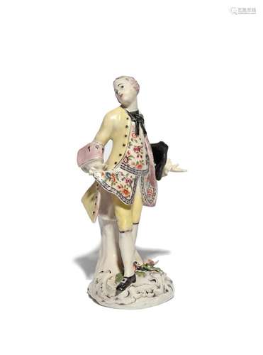 A rare Bow figure of the Squire of Alsatia c.1760, standing with one foot turned out, his right hand