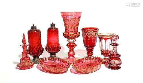 A collection of Bohemian ruby and cranberry glass 19th century, including three various goblets, two