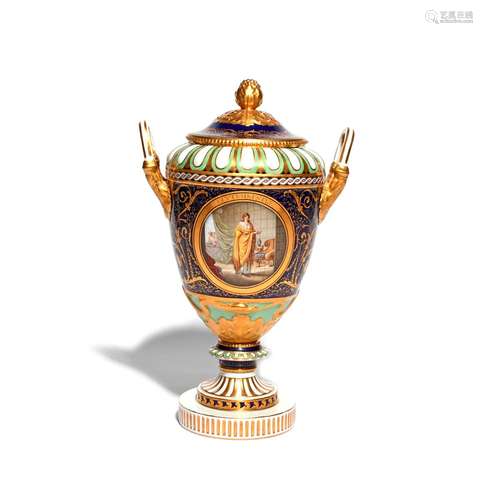 A good Berlin vase and cover 19th century, painted to one side with the god Arcas with arms