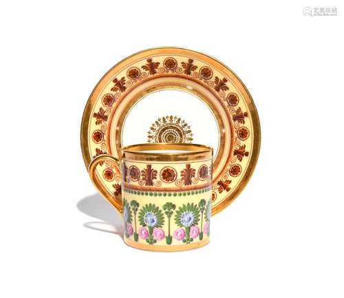 A Sèvres coffee can and saucer c.1814-18, the can painted with a formal design of stylized