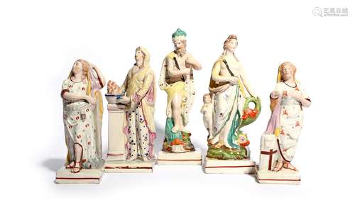 Five Staffordshire figures early 19th century, depicting Neptune, Venus, Faith and Hope, the last