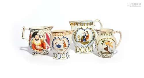 Three Pratt ware jugs c.1800-10, two moulded in relief with panels of children squabbling and