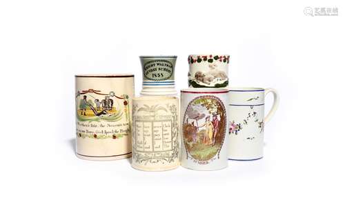 Six creamware and pearlware mugs 1st half 19th century, the largest printed with a farming scene and