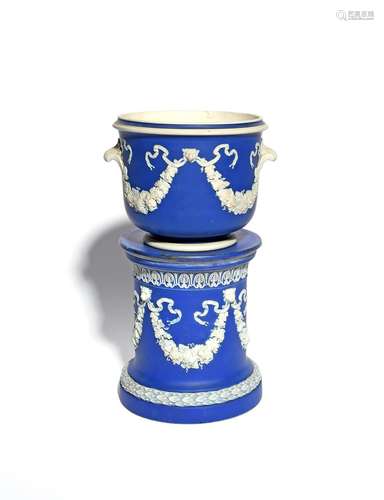 A Wedgwood Jasperware jardinière or wine cooler and stand early 19th century, applied with swags