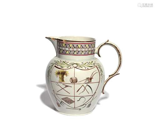 A pearlware farming or harvest jug dated 1798, painted to one side with a shield containing