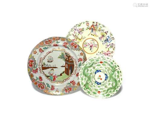 Three Spode plates of Oriental design 19th century, one stone china and decorated with the Ship