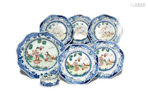 Five Spode stone china plates and a soup plate c.1815, decorated after the Chinese with two ladies