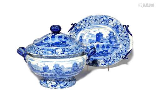 A Spode blue and white transferware soup tureen with cover and stand 19th century, printed with