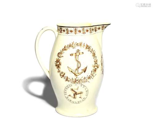 A large creamware jug c.1800, painted in sepia, to one side with an anchor within a floral garland