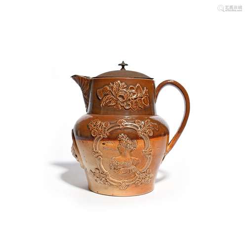 A large brown stoneware commemorative jug c.1837-50, applied with portraits of Queen Victoria and