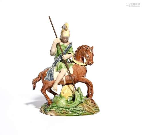 A Ralph Wood pearlware model of George and the Dragon c.1780-90, St George on horseback and