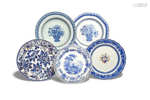 Two Spode stone china plates 2nd half 19th century, one armorial within a printed Fitzhugh border,