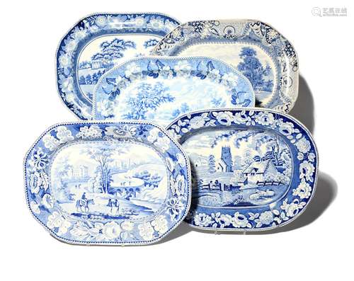 Five blue and white transferware meat plates or chargers 19th century, one Rogers and printed with