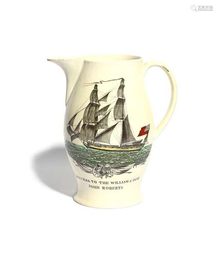 A large creamware jug of shipping interest c.1800, printed in black, possibly by John Sadler of