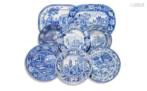 Six blue and white transferware plates 19th century, including Don Pottery with a view of the