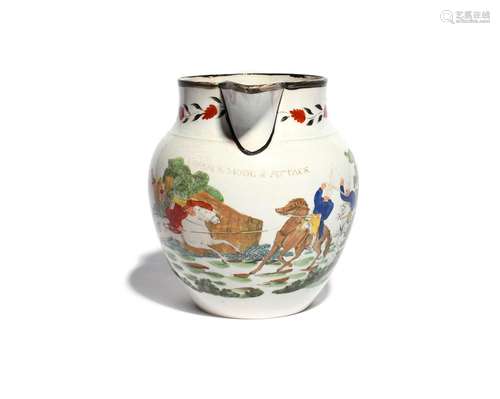 A rare pearlware Napoleonic jug c.1813, printed and hand-coloured with the 'Cossack Mode of Attack',