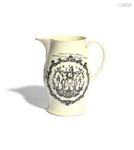 A large creamware jug of Masonic interest c.1800, printed in black with the Masons' Arms to one