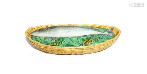 A George Jones Majolica mackerel tureen and cover 19th century, the top decorated with a long fish