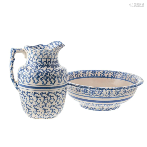 Blue Spongeware Pitcher & Wash Basin