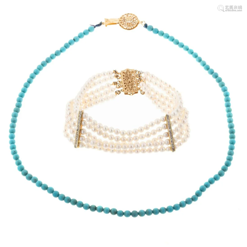 A Pearl & Diamond Bracelet with Turquoise Necklace