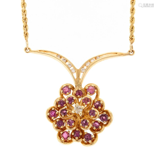 A Pink Sapphire & Diamond Flower Necklace