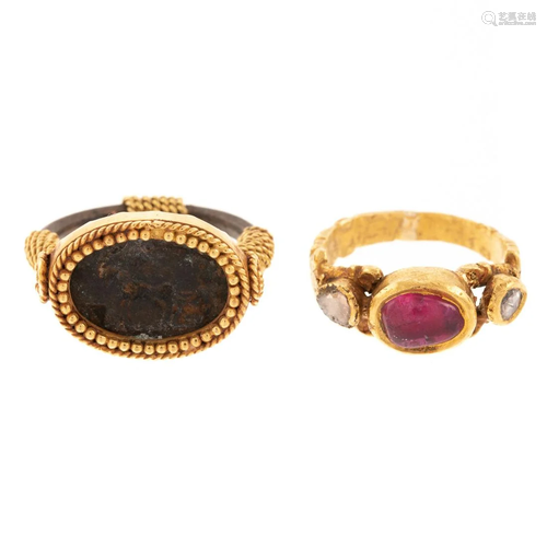 A Pair of 18K Ruby, Diamond & Ancient Coin Rings