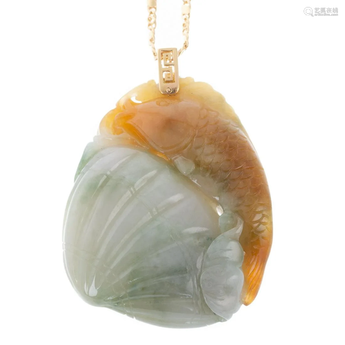 A Carved Jade Fish with Shell Pendant on 18K Chain