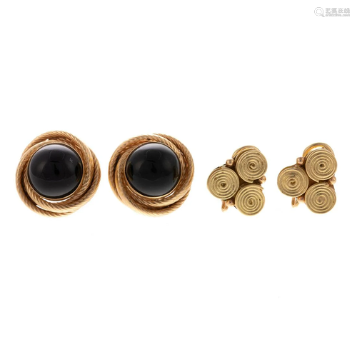 A Pair of 18K Earrings & 14K Black Onyx Earrings