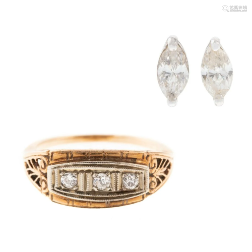 A 14K Art Deco Ring & Marquise Diamond Earrings