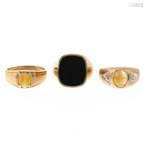 A Trio of Black Onyx & Tiger's Eye Rings in Gold