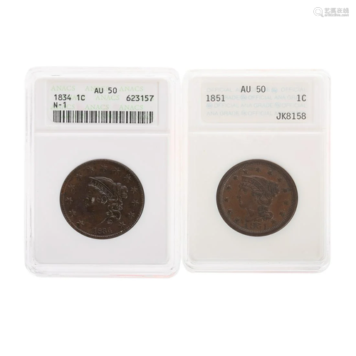 Nice ANACS AU50 large Cents 1834 N-1, 1851